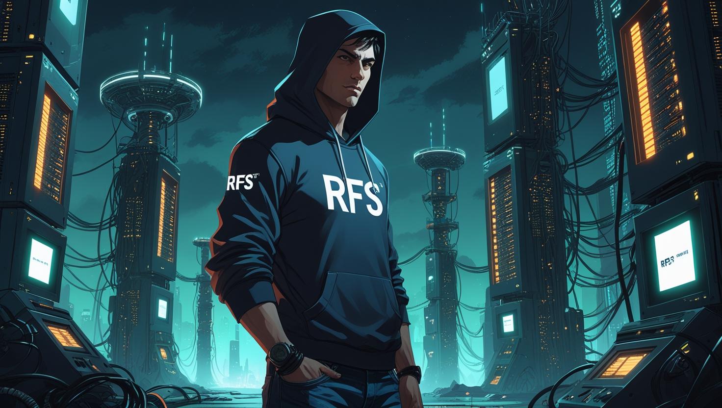 RFS, Senior Penetration Tester and Security Researcher, standing in a futuristic cyberpunk cityscape with glowing blue and teal technology elements, wearing a dark hoodie with 'RFS' branding, representing expertise in DNS security and penetration testing